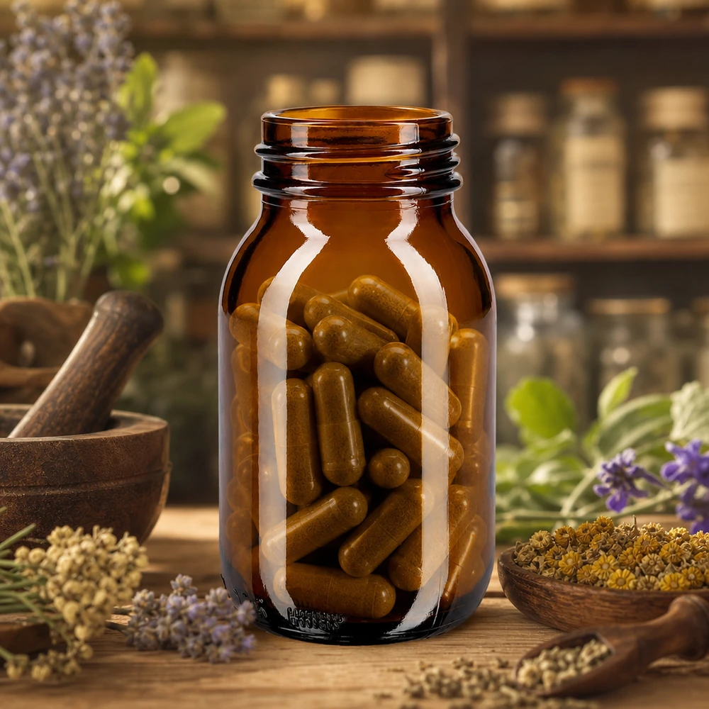 Frasco de 125 ml de vidrio ámbar y cuello ancho para guardar cápsulas y comprimidos de forma segura