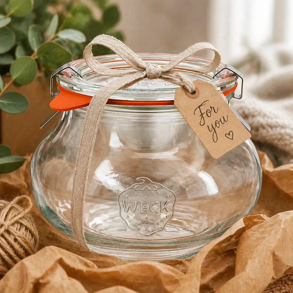 Frasco decorativo de 560 ml, completo, WECK RR80 Tarro de joyería WECK de 560 ml decorativamente empaquetado con cinta y etiqueta de regalo, presentado como una idea de regalo