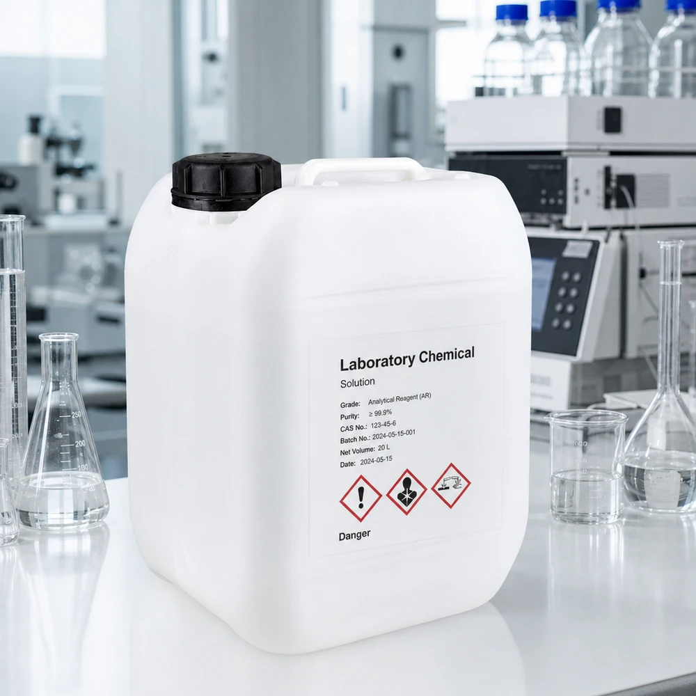 Bidón de 5 litros con tapón de rosca y cierre inviolable Bidón de laboratorio rectangular de 5 l con símbolos de peligro del SGA y etiqueta de reactivos de análisis