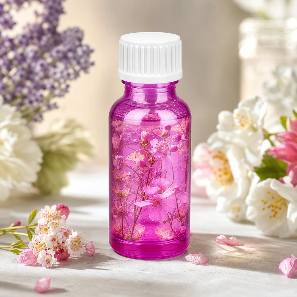 Frasco de vidrio de 20 ml de color violeta brillante con tapón de rosca estriado para un almacenamiento seguro