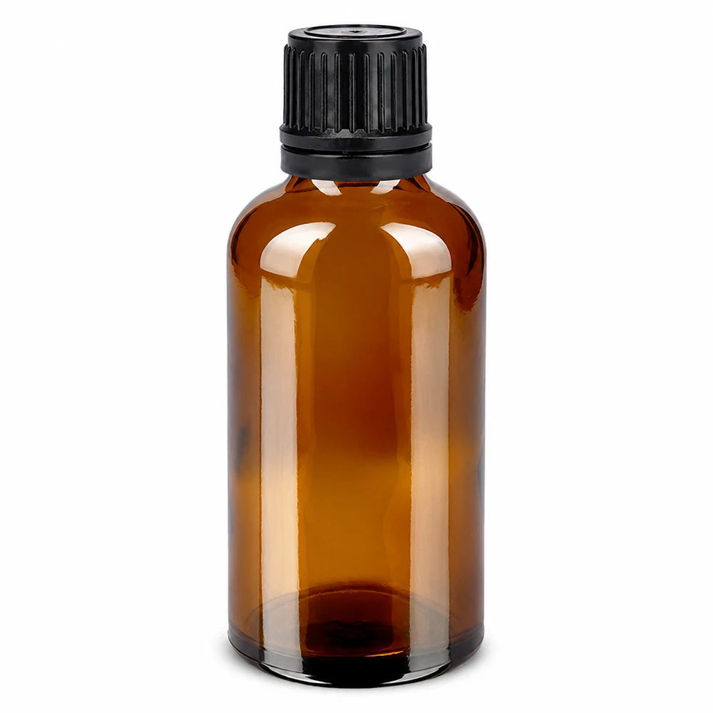 Frasco de vidrio marrón de 50 ml con tapón de rosca negro para aceites esenciales y cosméticos