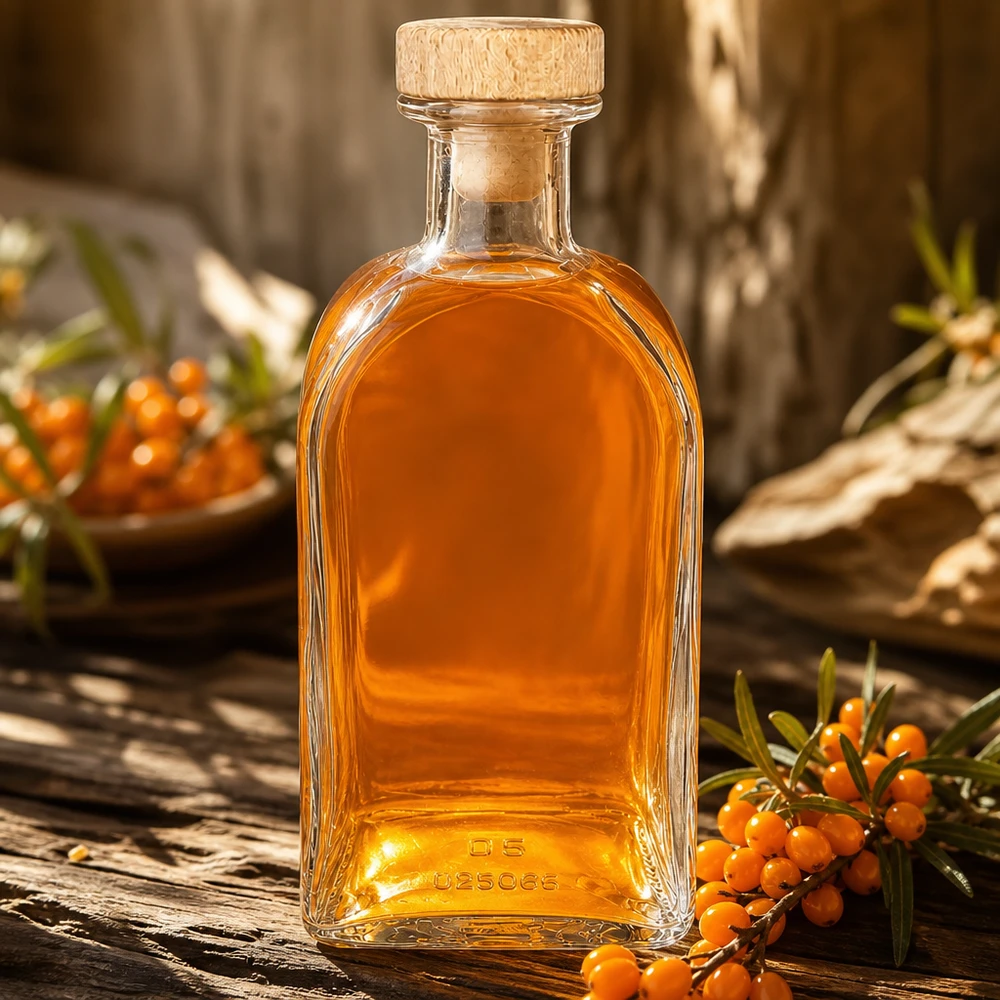 Botella de farmacia de Julia ml «Carre» con tapón de corcho con asa de madera UNiTWIST® Botella de cristal Julia de 500 ml con tapón de madera llena de líquido de color ámbar sobre una mesa de madera con bayas de espino amarillo