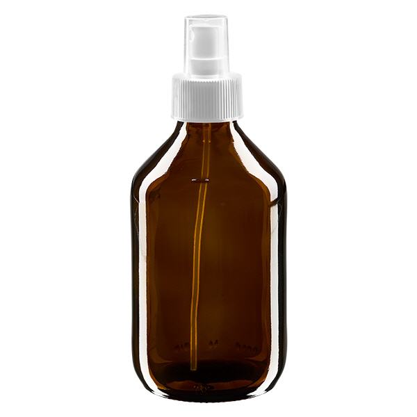 Frasco medicinal de 250 ml marrón, con atomizador de bomba blanco ApoGlas Frasco medicinal de 250 ml marrón, con atomizador de bomba blanco ApoGlas