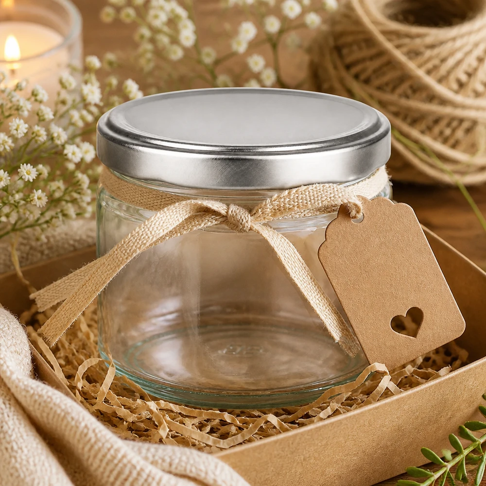 Tarro redondo de 330ml con tapa BasicSeal plata UNiTWIST Tarro redondo de 330 ml con tapa plateada BasicSeal de regalo decorado con lazo y etiqueta en caja de regalo