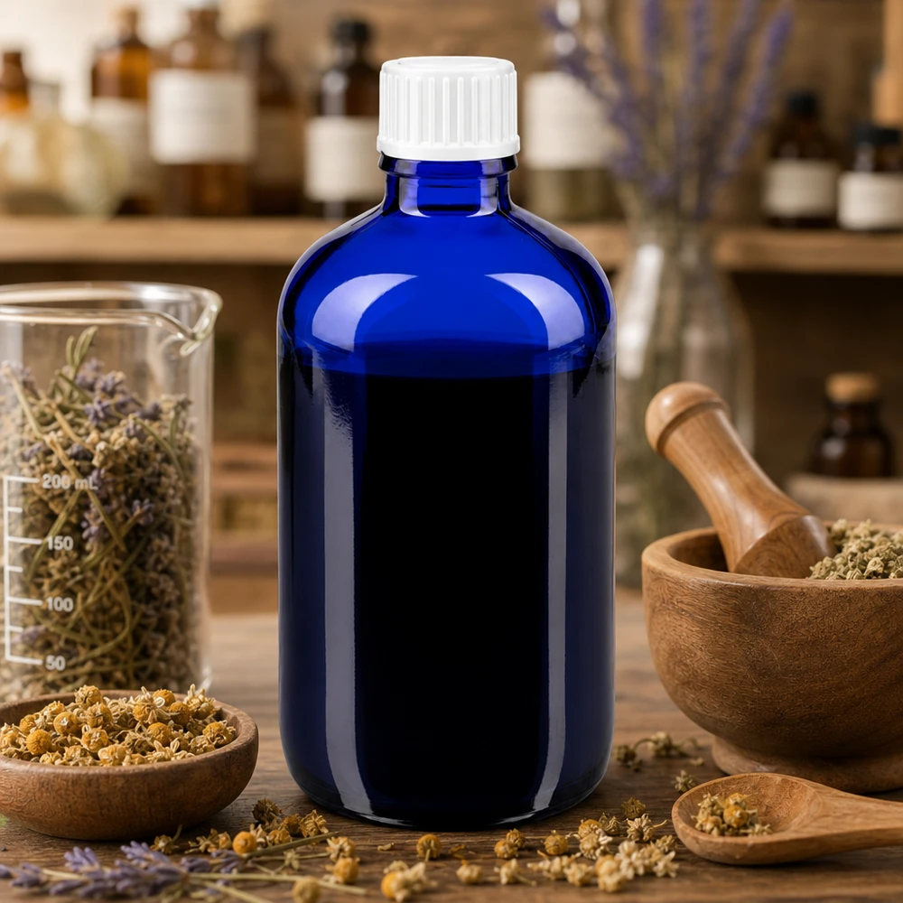 Frasco azul de 100 ml para medicamentos, de vidrio con protección UV y tapón de rosca blanco, entre plantas medicinales