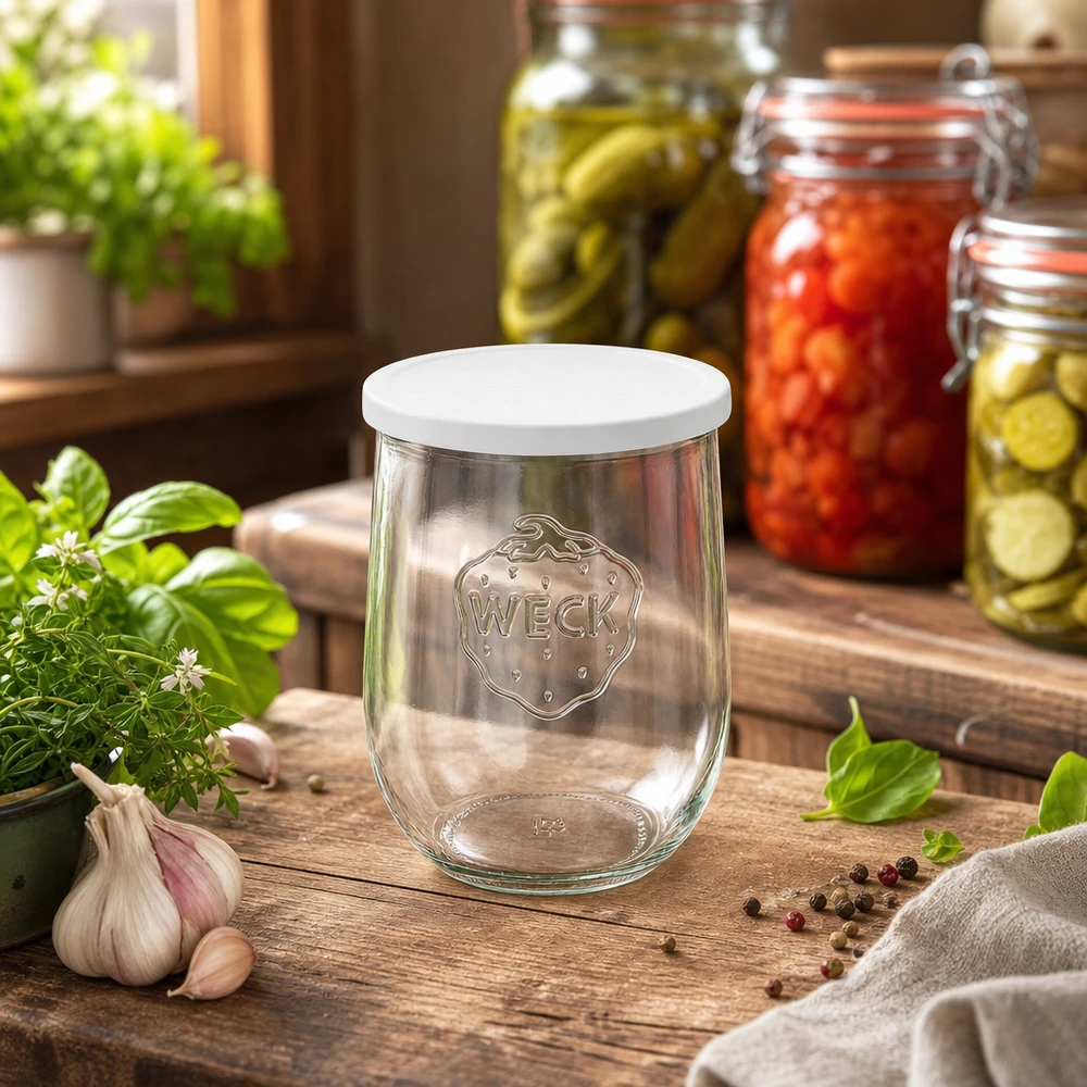 Tarro tulipán WECK 1062ml en la cocina con verduras encurtidas y hierbas frescas dispuestas decorativamente