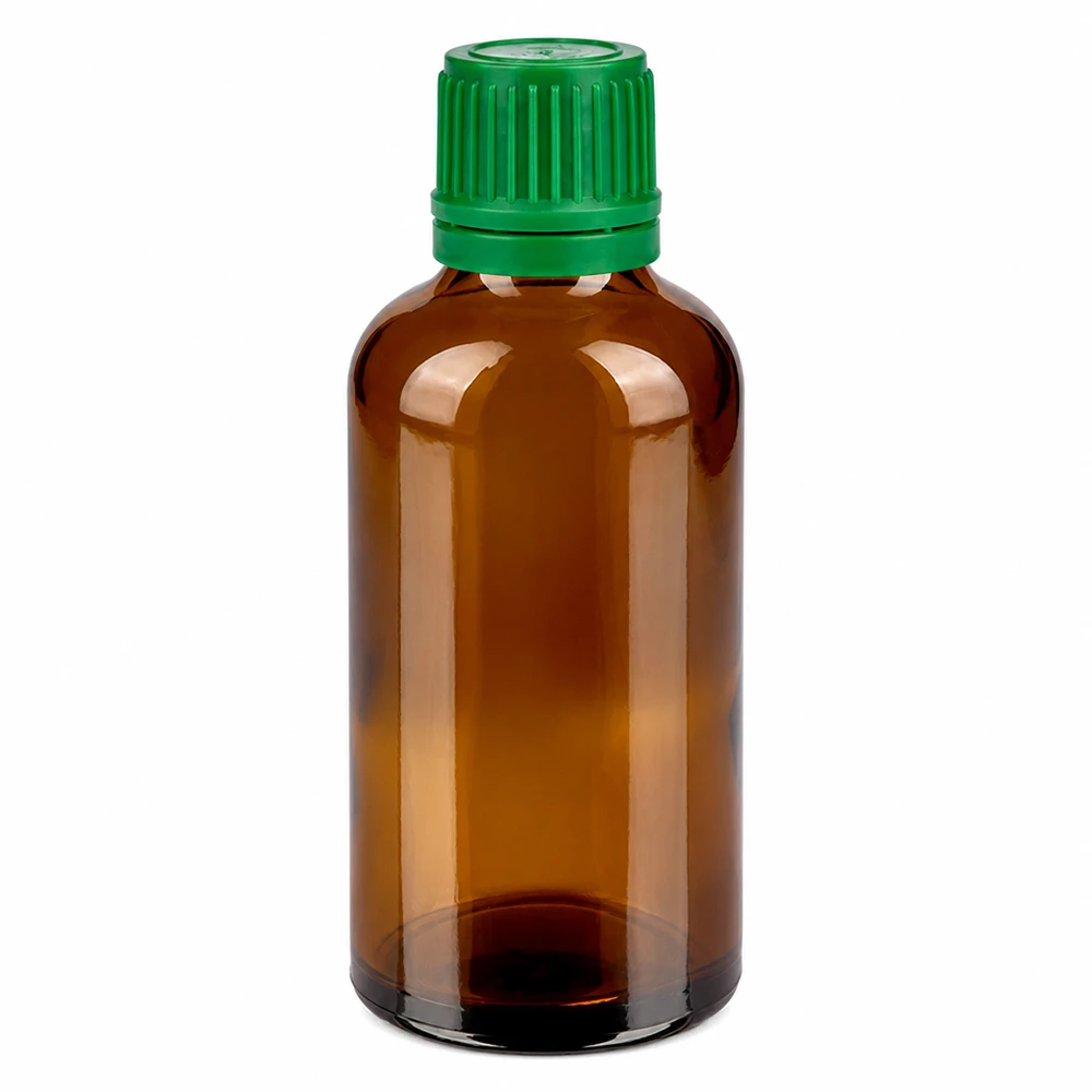 Botella 50ml tapón rosca 11mm verde BrownLine UT18/50 Frasco de vidrio ámbar de 50 ml con tapón de rosca verde para aceites esenciales y tinturas