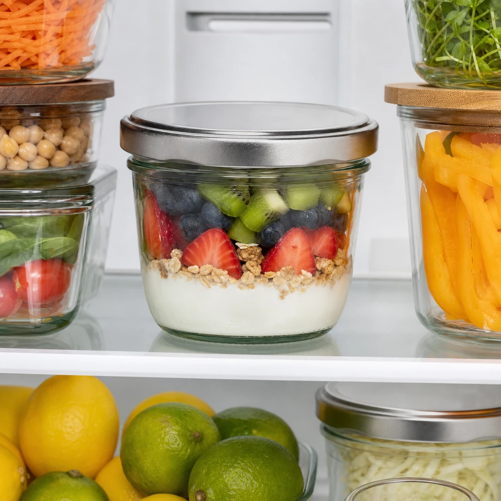 Vasos de 230 ml con tapa plateada BasicSeal prácticos en el frigorífico con almacenamiento Meal Prep organizado