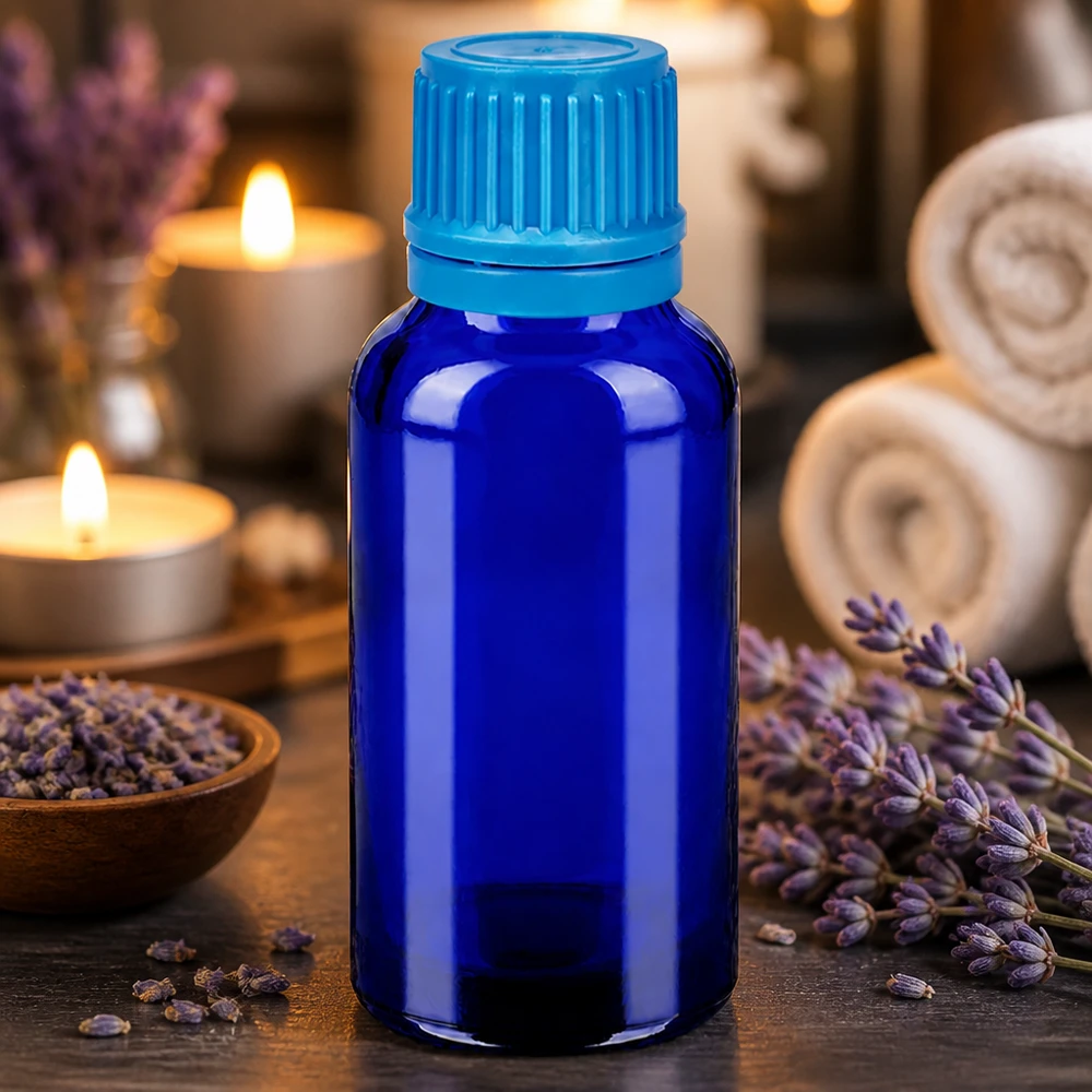 Frasco de vidrio cobalto de alta calidad de 30 ml con protección UV para aromaterapia y remedios naturales