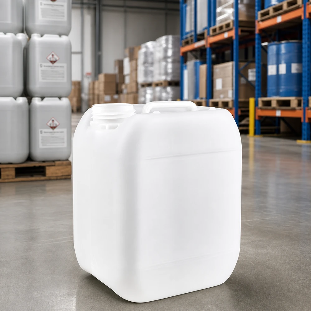 Jerrycan 5 litros sin tapón Bidón blanco apilable de 5 litros sin tapón, sobre suelo de hormigón en un almacén
