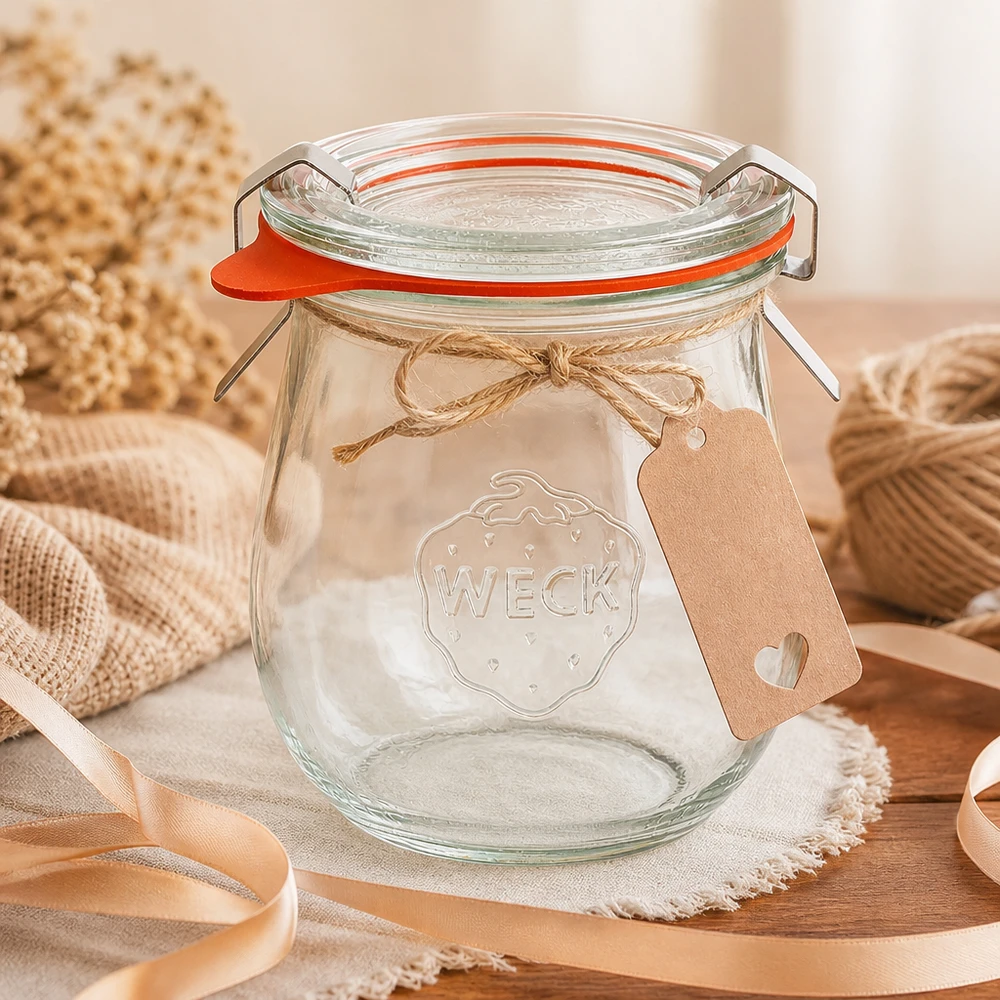 Tarro tulipán de 220ml completo WECK RR60 Tarro tulipán WECK 220ml RR60 con etiqueta de regalo y lazo de yute dispuesto decorativamente sobre una servilleta de lino