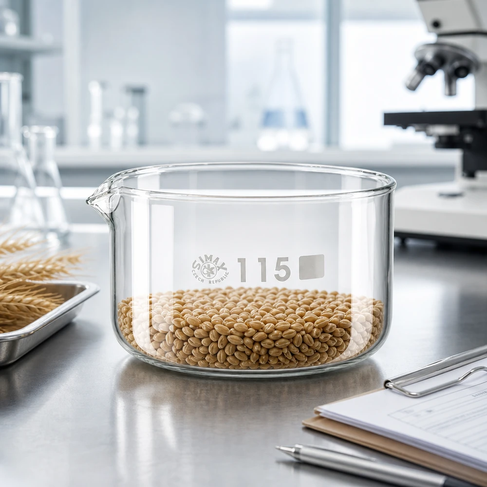 Cubeta de cristalización de 500 ml con pico de borosilicato ø115mm Bandeja de cristalización SIMAX de 500 ml llena de granos de trigo. Análisis de laboratorio. Vidrio borosilicato. ø 115 mm