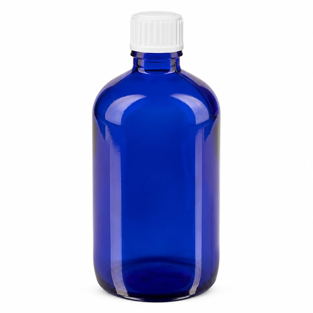 Frasco de farmacia azul de 100 ml, de vidrio borosilicato, con tapón cuentagotas blanco de 0,9 mm