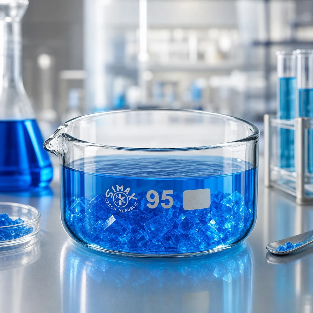 Recipiente de cristalización de 300 ml con cristales azules en solución, fabricado en vidrio borosilicato SIMAX de alta calidad