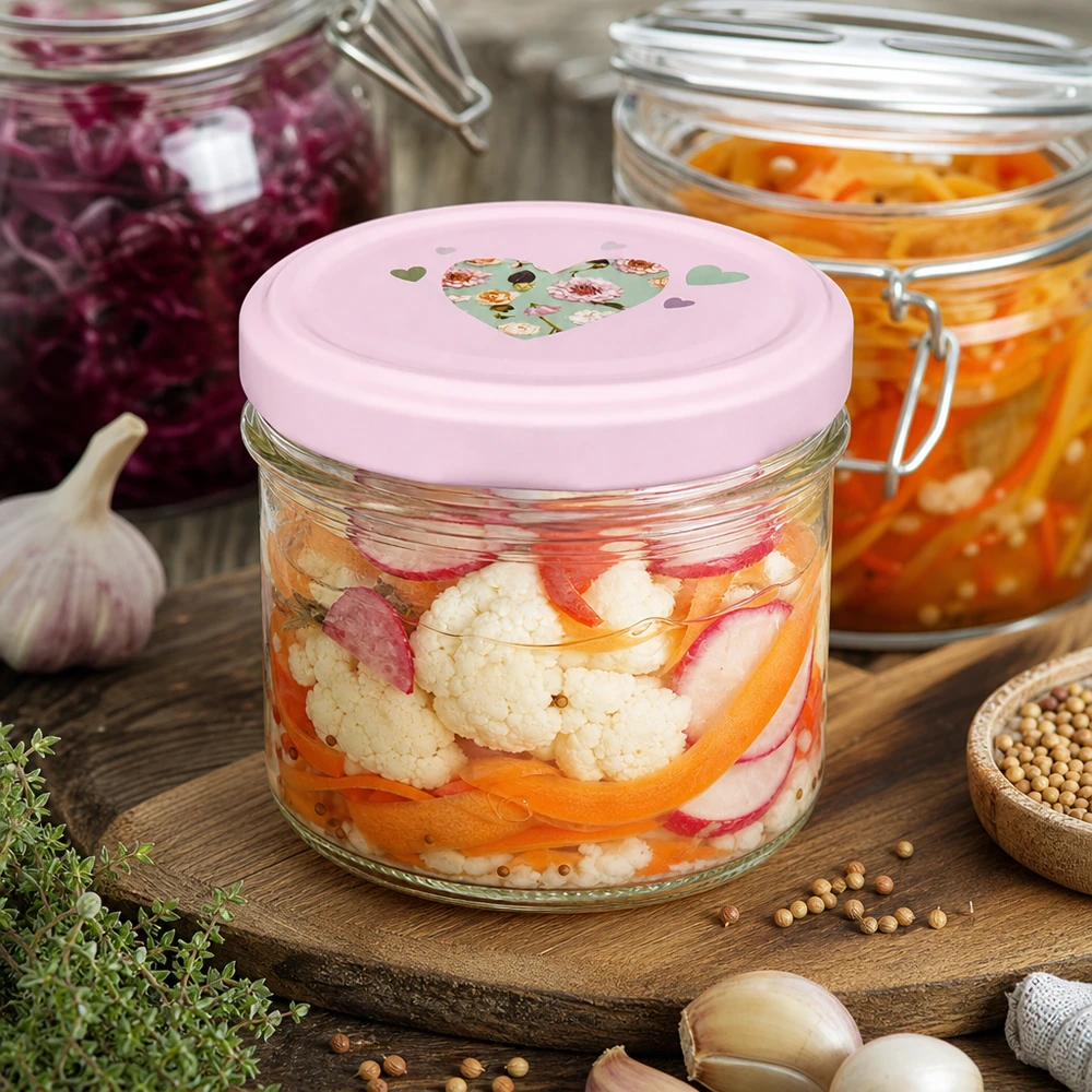 Vasos de 225 ml con tapa rosa en forma de corazón para verduras en escabeche y fermentación junto con especias y hierbas aromáticas