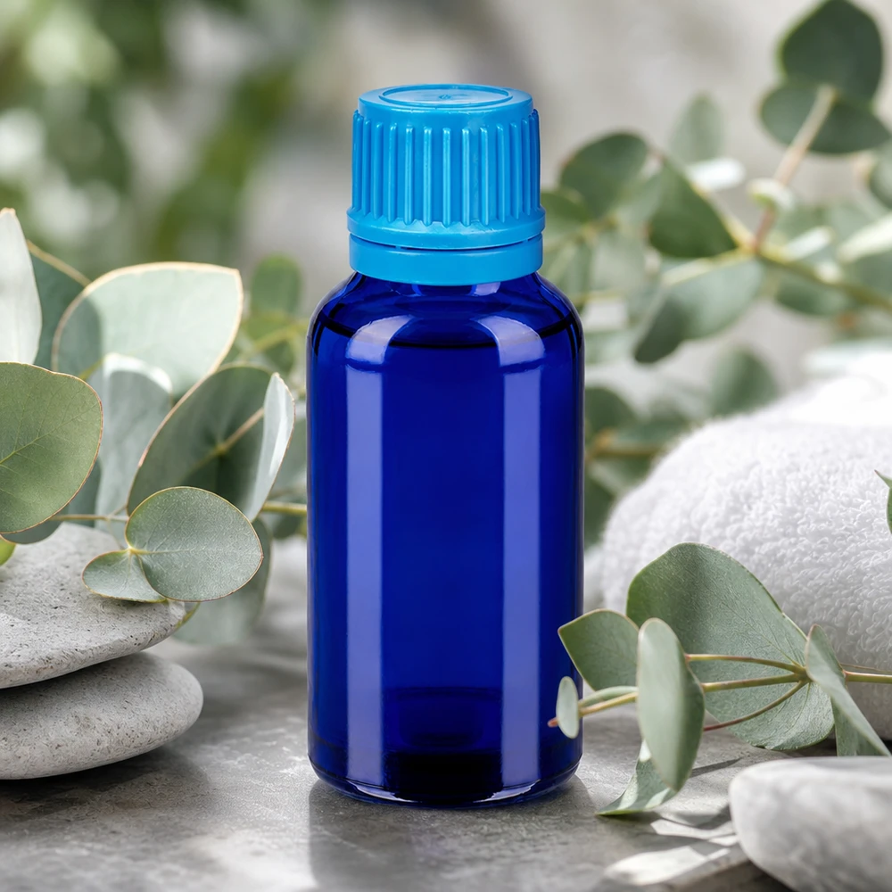 Elegante botella de cristal BlueLine de 30 ml con tapón estriado para una presentación profesional del producto
