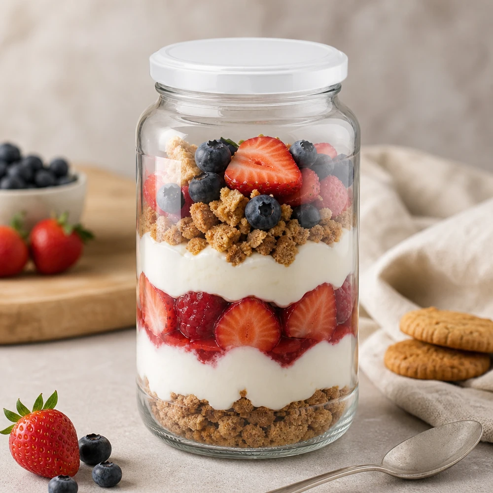 Tarro redondo 1700ml con tapa BasicSeal blanco UNiTWIST Tarro redondo de 1700 ml con tapa BasicSeal como tarro de postre para trifle de bayas relleno de yogur y migas de galleta