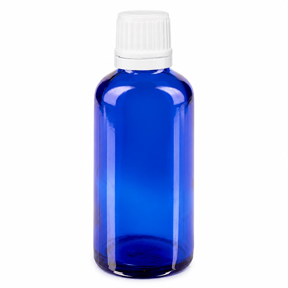 Frasco de farmacia de cristal azul de 50 ml con tapón de rosca blanco y precinto de seguridad