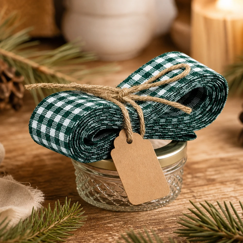 Cinta de tela verde y blanca para decorar, 300 cm Grün-weißes kariertes Stoffband 300cm mit Kraftpapier-Anhänger um Glasschale gebunden als natürliche Geschenkdeko