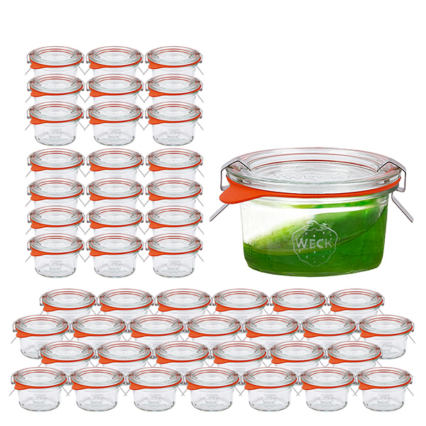 Juego de 48 vasos Weck de 50ml con 48 tapas de cristal.