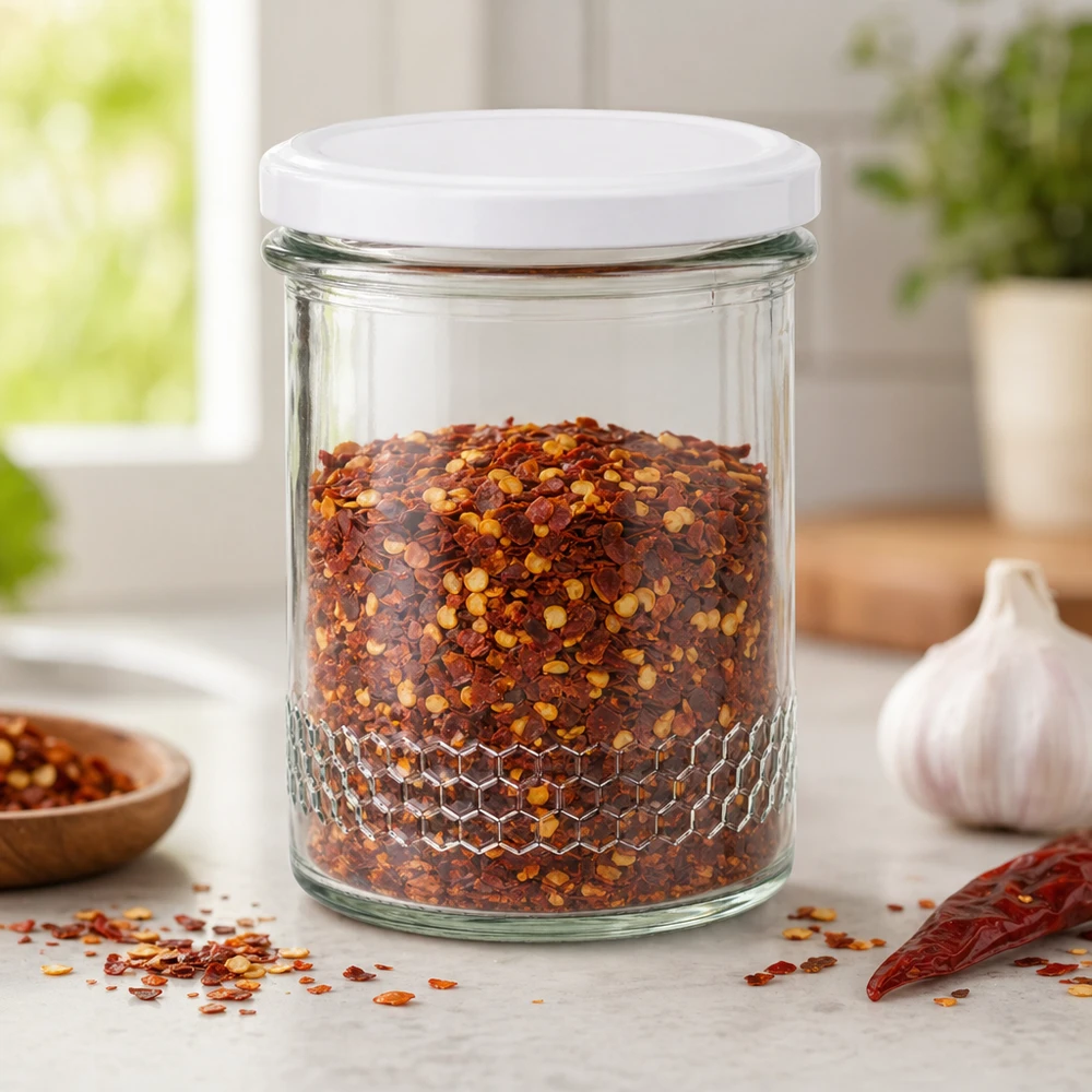 Tarro de miel de 400 ml con tapa blanca como tarro de especias para copos de guindilla Almacenamiento en la cocina Motivo de panal en la base del tarro