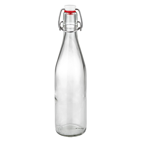 Botella de cristal de 500 ml con tapón giratorio de porcelana, botella transparente con anillo de cierre rojo para bebidas
