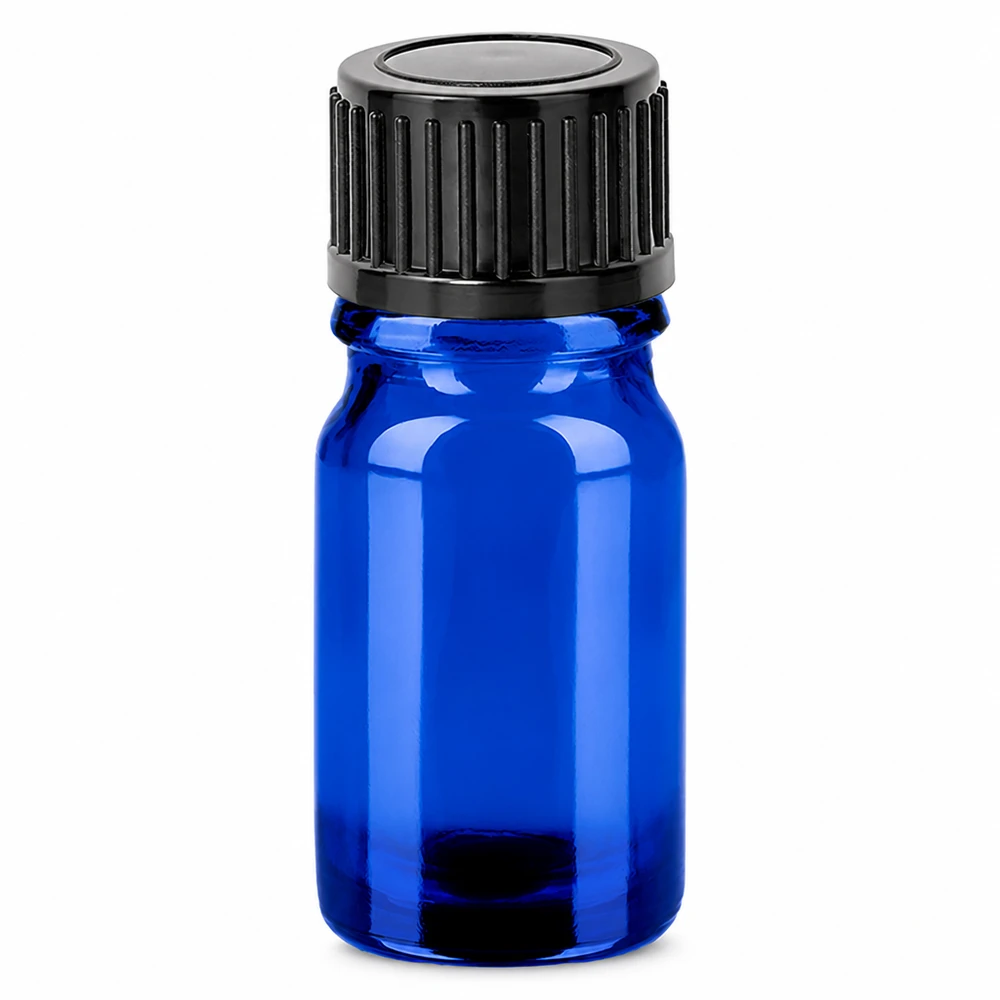 Frasco de 5ml con tapón de rosca 11mm negro estándar BlueLine UT18/5 Frasco de vidrio azul de 5 ml con tapón de rosca negro para aceites esenciales y cosméticos