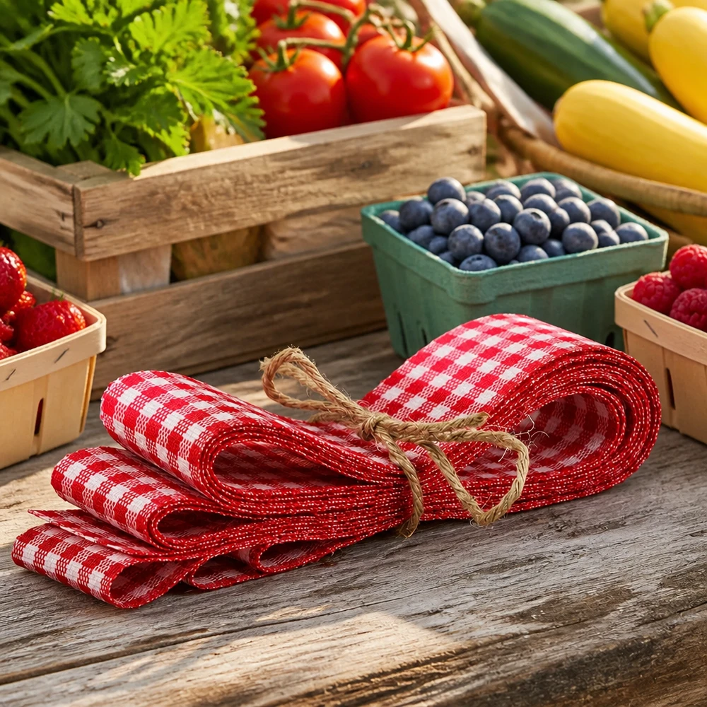 Cinta de tela roja y blanca para decorar, 300 cm Cinta de tela a cuadros rojos y blancos de 300cm atada sobre mesa de madera con bayas frescas tomates y verduras en estilo casa de campo