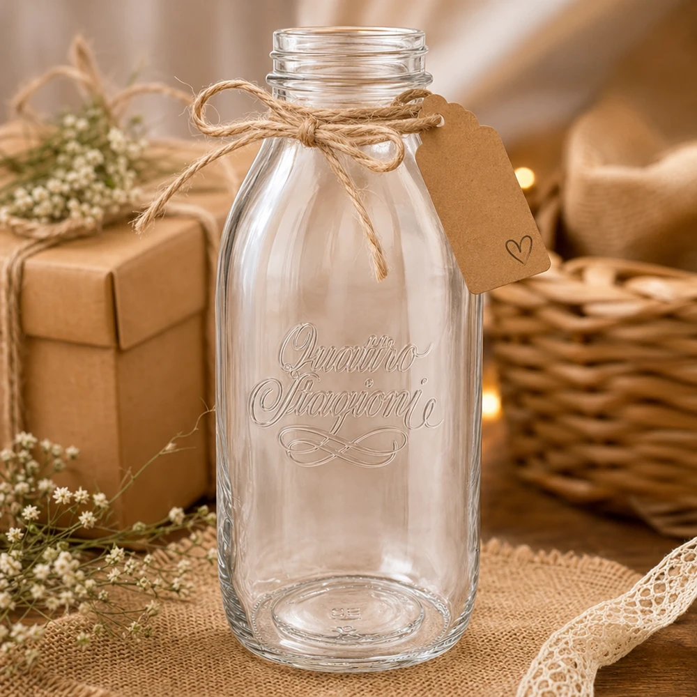 Botella de cristal de 1000ml "Quattro Stagioni" QS56mm Quattro Stagioni 1000ml botella de vidrio de cuello ancho con tapón de corcho y decoración rústica sobre una mesa de madera