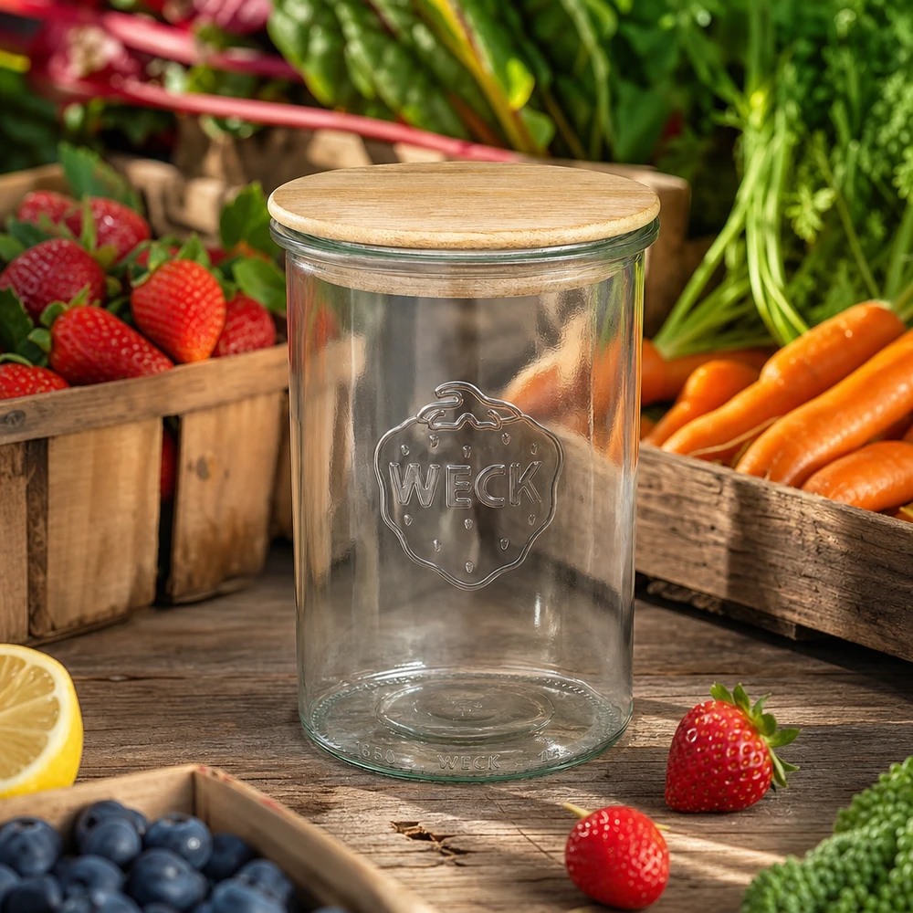 Vasos WECK RR100 de 1000ml con tapa de madera Vasos WECK 1000ml RR100 con tapa de roble entre frutas y verduras frescas sobre una mesa de madera Ambiente de cocina