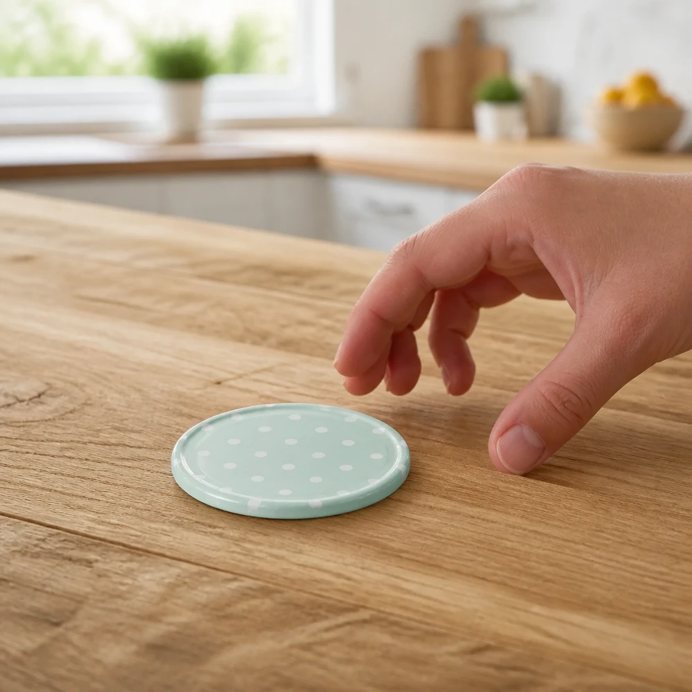 Tapa BasicSeal Twist-Off de 63 mm, en color verde menta con lunares blancos, sobre una encimera de madera en la cocina