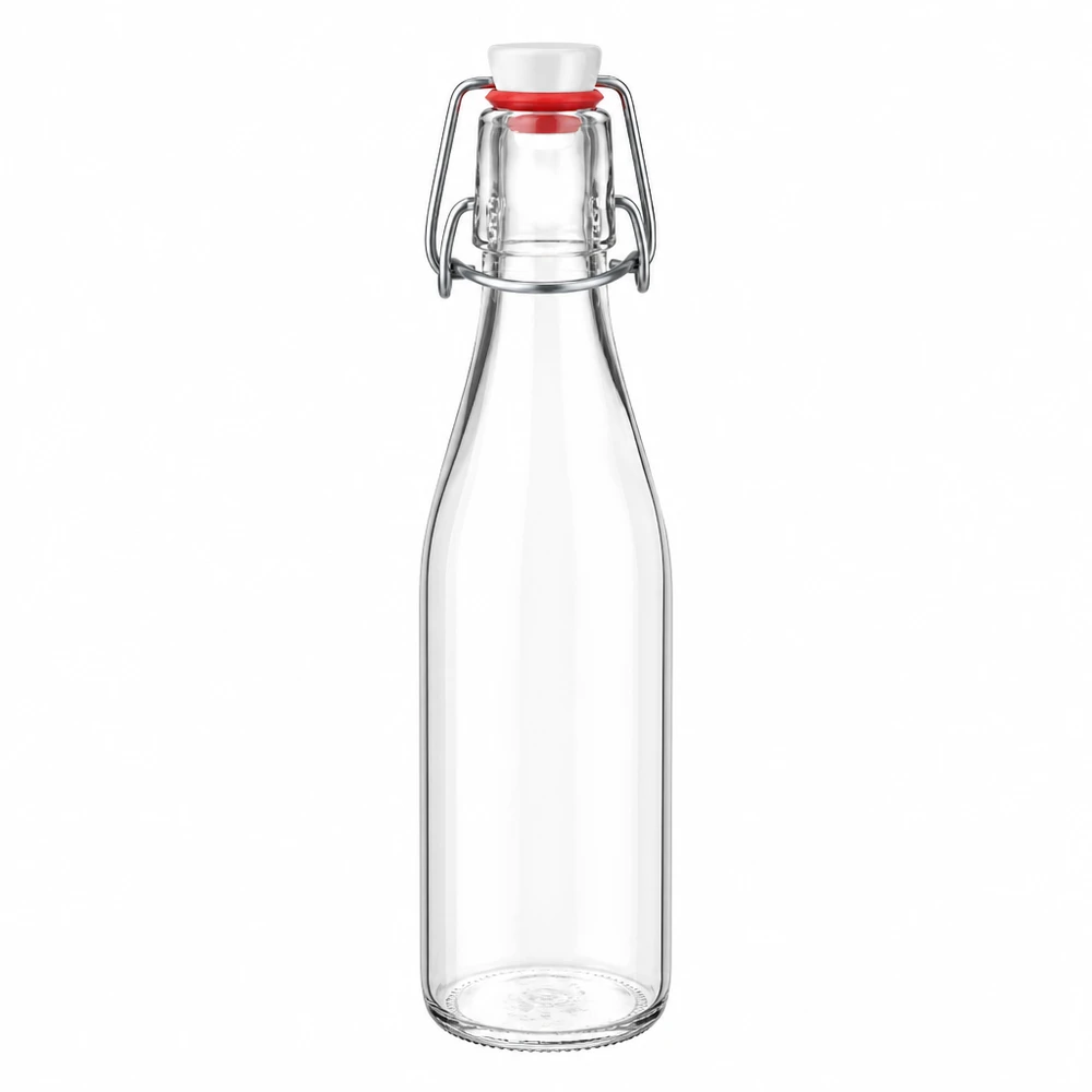 Botella de vidrio de 250 ml + tapa abatible de PVC UNiTWIST Botella de cristal de 250 ml con tapón abatible y corcho blanco, cristal transparente, PVC Sistema UNiTWIST para bebidas