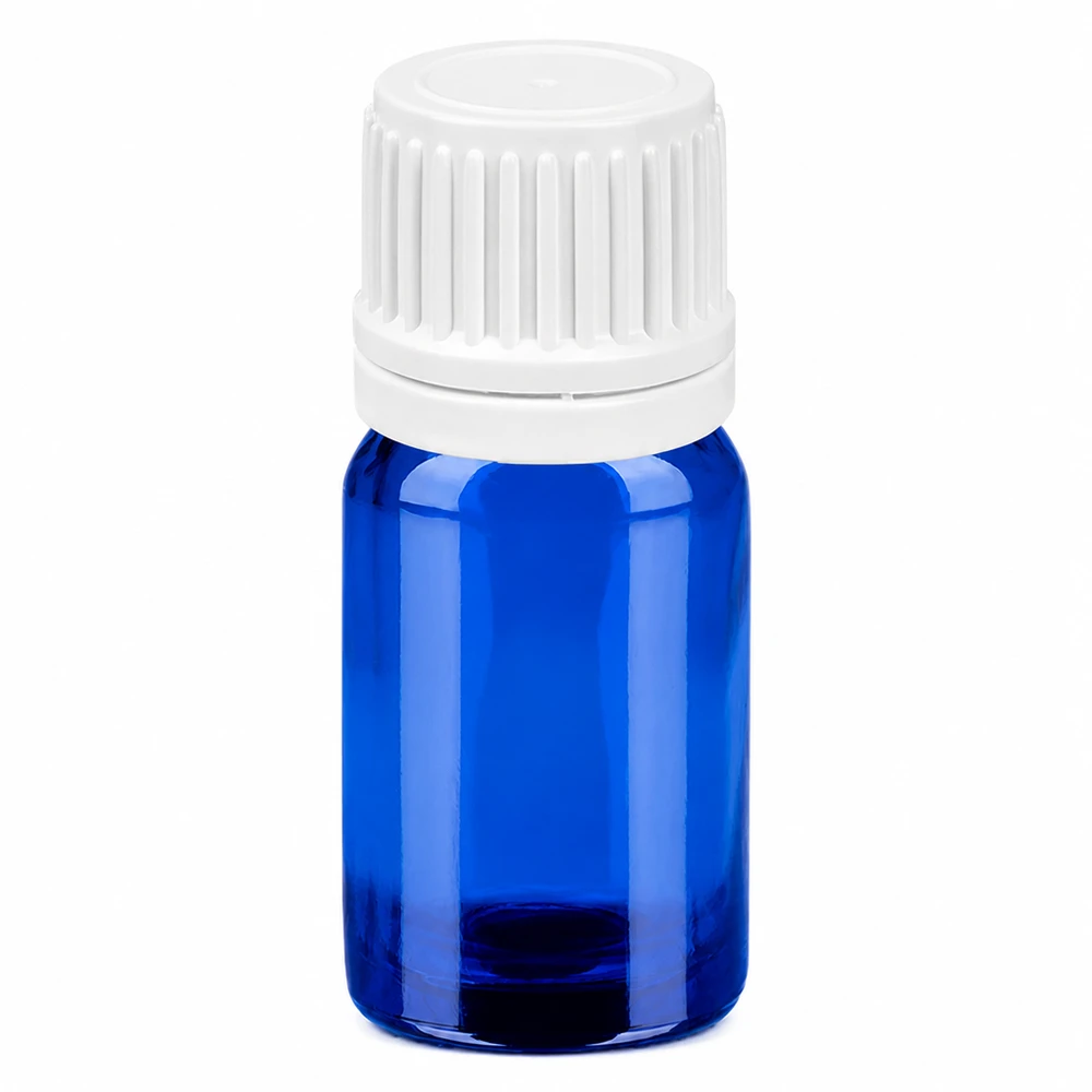 Frasco de cristal azul de 5 ml con tapón de rosca blanco para aceites esenciales y cosméticos