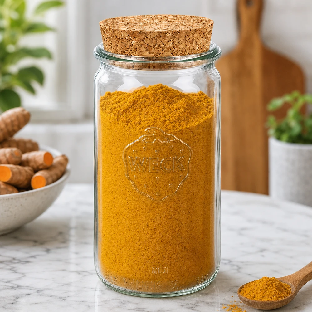 Tarro cilíndrico de 340ml WECK RR60 con corcho natural Tarro de almacenamiento WECK 340ml RR60 lleno de cúrcuma muestra tapa de corcho hermética para especias y polvos
