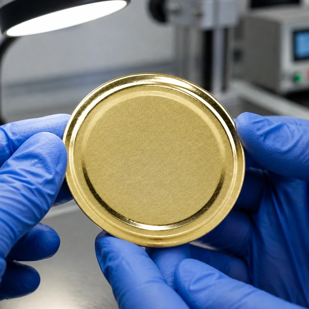 Tapa BasicSeal de 82 mm, color dorado (TO82) UNiTWIST Tapa UniTwist BasicSeal de 82 mm (TO82) dorada en manos con guantes azules en el laboratorio de control de calidad