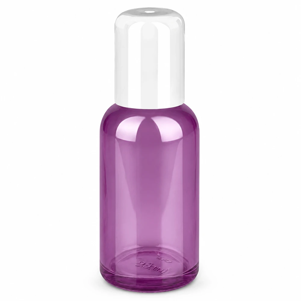 Frasco roll-on de 30 ml en violeta transparente con tapón blanco para cosméticos y perfumes