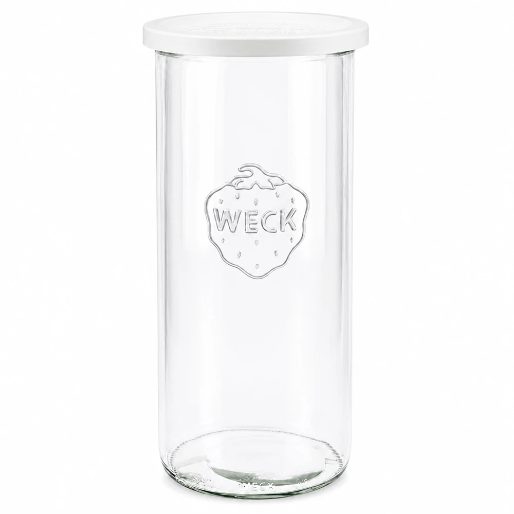 Vasos de 1500ml con tapa de frescura WECK RR100 Tarro de conserva WECK 1500ml RR100 transparente con tapa blanca fotografiada frontalmente muestra el logotipo de la marca grabado