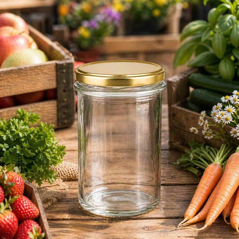 Vasos de 230 ml con tapa BasicSeal oro UNiTWIST en el jardín entre verduras frescas, hierbas y frutas