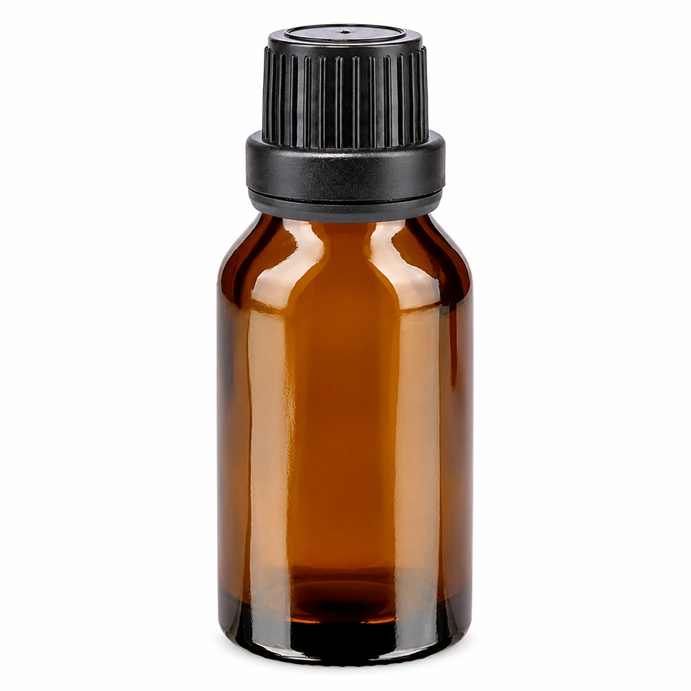 Frasco de farmacia marrón de 15 ml con tapón original negro y junta de vidrio marrón