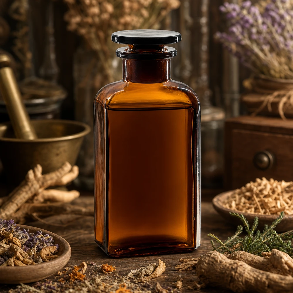 Botella de cristal marrón de 250 ml, de forma cuadrada, con tapón, rodeada de hierbas medicinales y raíces
