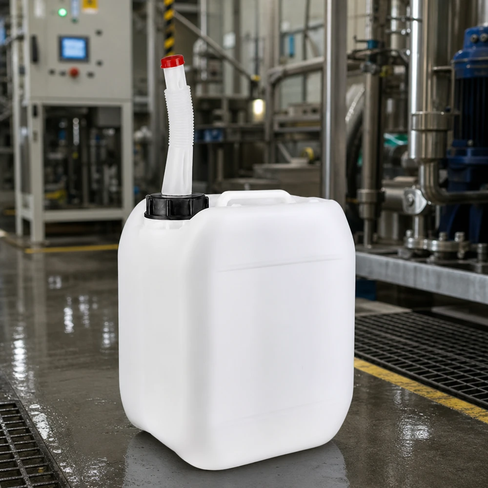 Bidón de 5 litros con tubo de salida flexible Bidón industrial de 5 litros con tubo vertedor flexible sobre el suelo mojado de una nave de una planta de producción