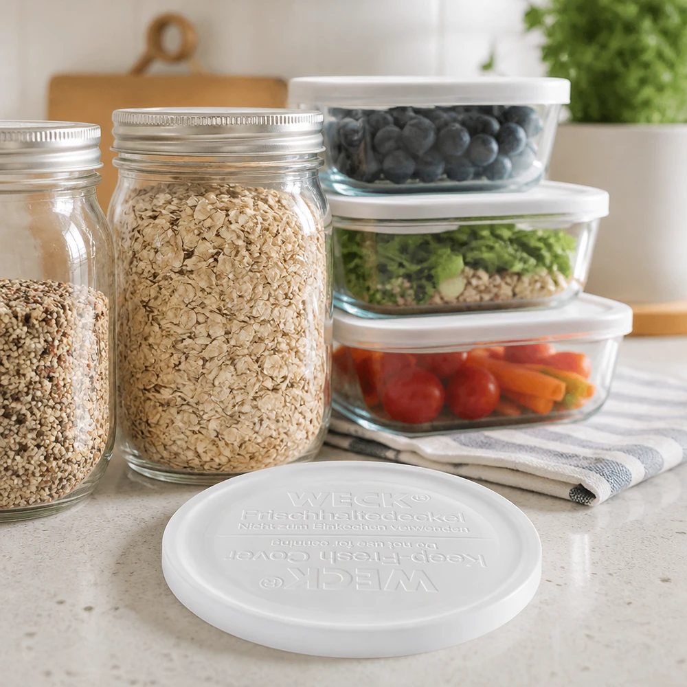 Tapa de conservación WECK RR120 WECK tapa de almacenamiento de alimentos RR120 en la cocina con tarros de almacenamiento de avena arándanos verduras cajas de almacenamiento