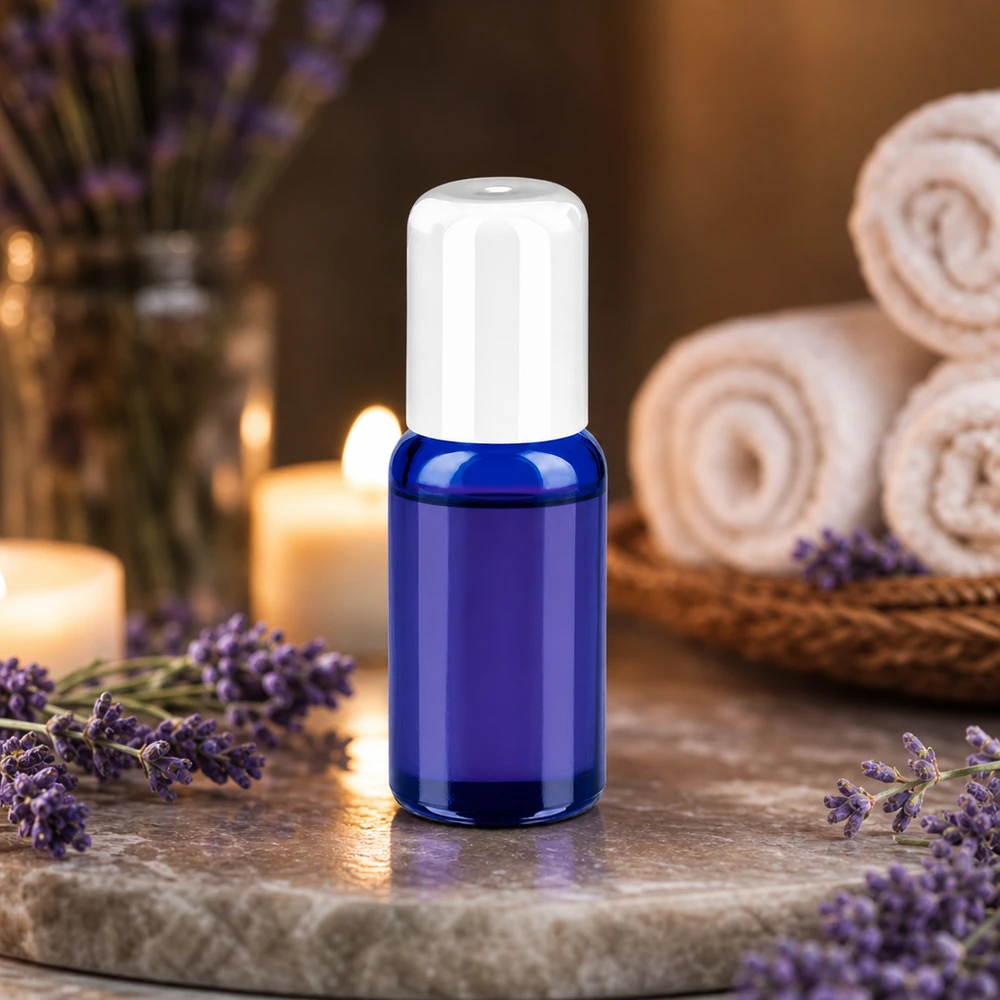 Pequeño frasco roll-on de 20 ml con un elegante diseño azul y blanco para una aplicación precisa