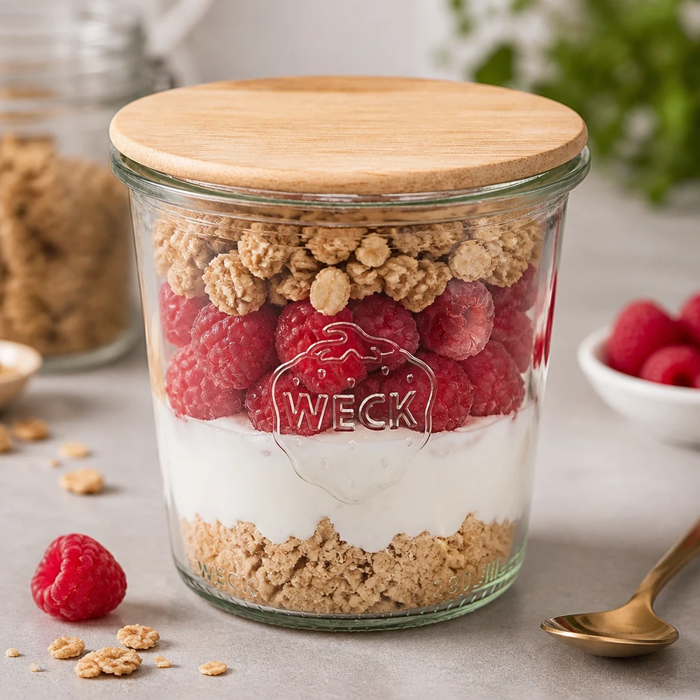 Vaso WECK 290ml RR80 con tapa de madera como tarro de postre con yogur frambuesas y muesli en cocina