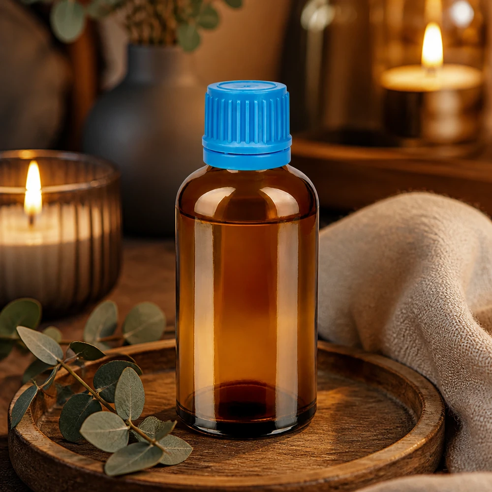 Frasco de cristal de 50 ml con tapón azul ideal para aplicaciones de aromaterapia y bienestar