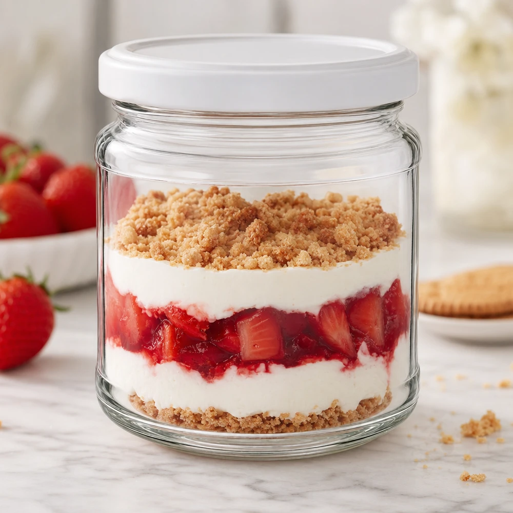 Tarro redondo de 212 ml con tapa BasicSeal como tarro de postre para trifle de fresa con nata y virutas - uso versátil