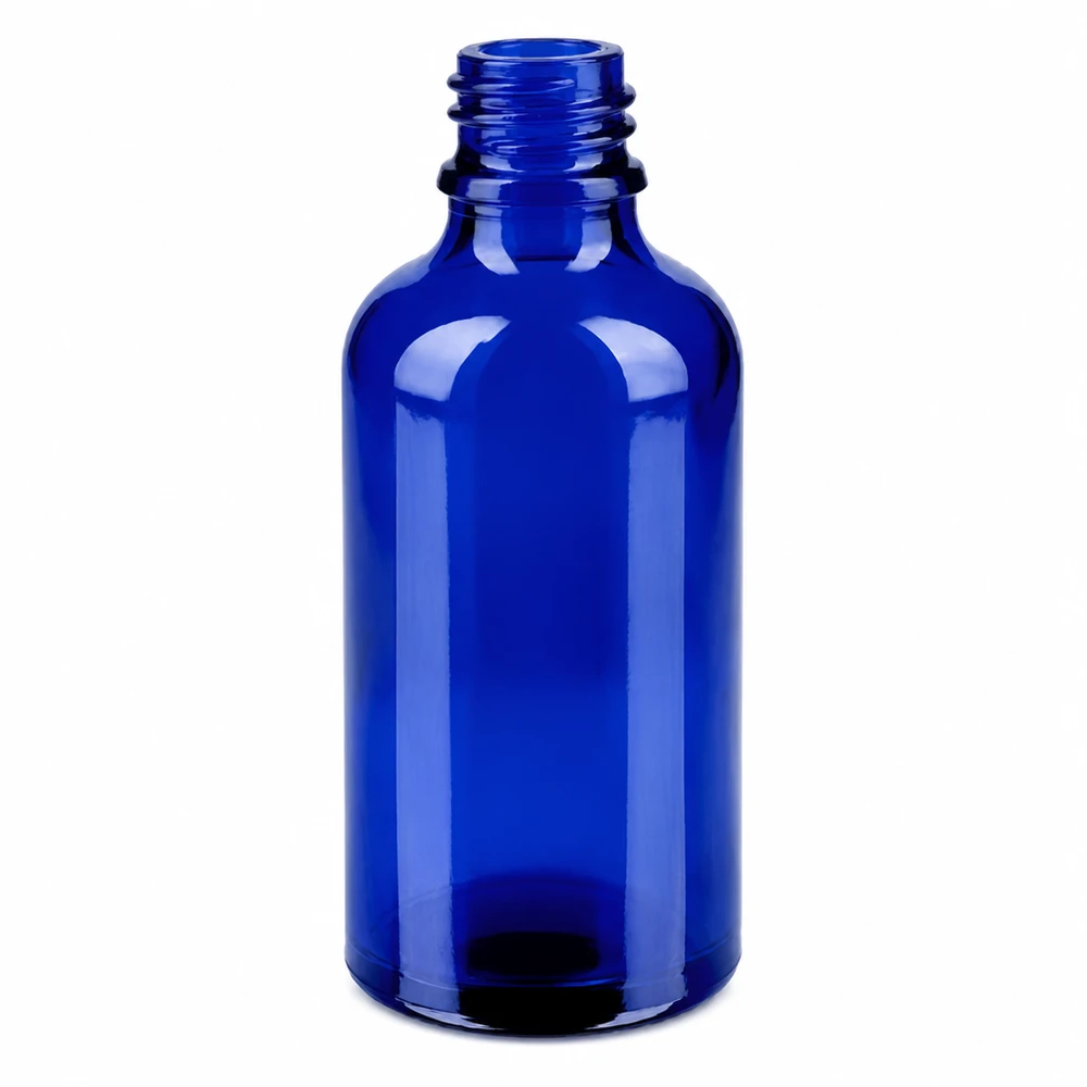Frasco de vidrio de 50 ml en azul cobalto con cuello roscado para una dosificación precisa de los productos cosméticos