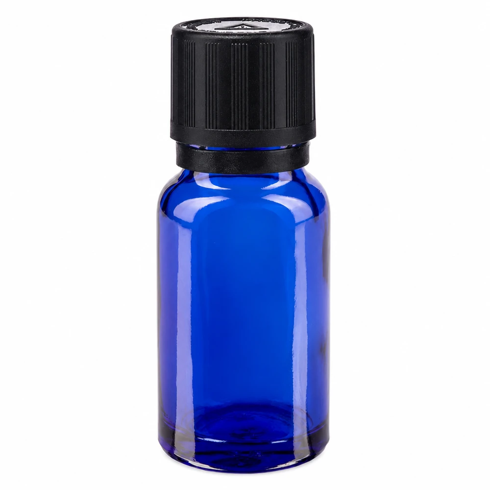Botella de farmacia azul 10ml tapón cuentagotas anillo vertedor 1mm negro cierre de seguridad para niños símbolo de advertencia ciego cierre inviolable Frasco de farmacia de cristal azul de 10 ml con tapón de seguridad para niños de color negro y gotero de 1 mm