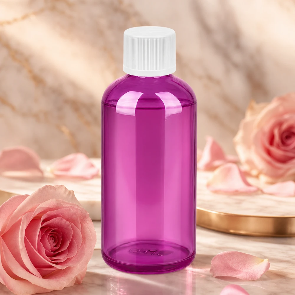 Botella de 100ml 11mm tapón de rosca blanco estándar a prueba de niños PurpleLine. UT18/100 Frasco transparente violeta de 100 ml con tapón de rosca de 11 mm ideal para aromaterapia y aceites esenciales