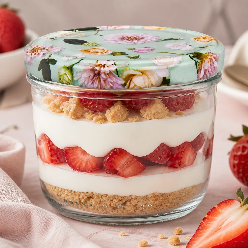Vasos de 230 ml + tapa BasicSeal flor menta UNiTWIST Sturzglas 230ml mit BasicSeal Deckel Blume mint als stylische Dessertschale für Tiramisu mit Erdbeeren verwendet